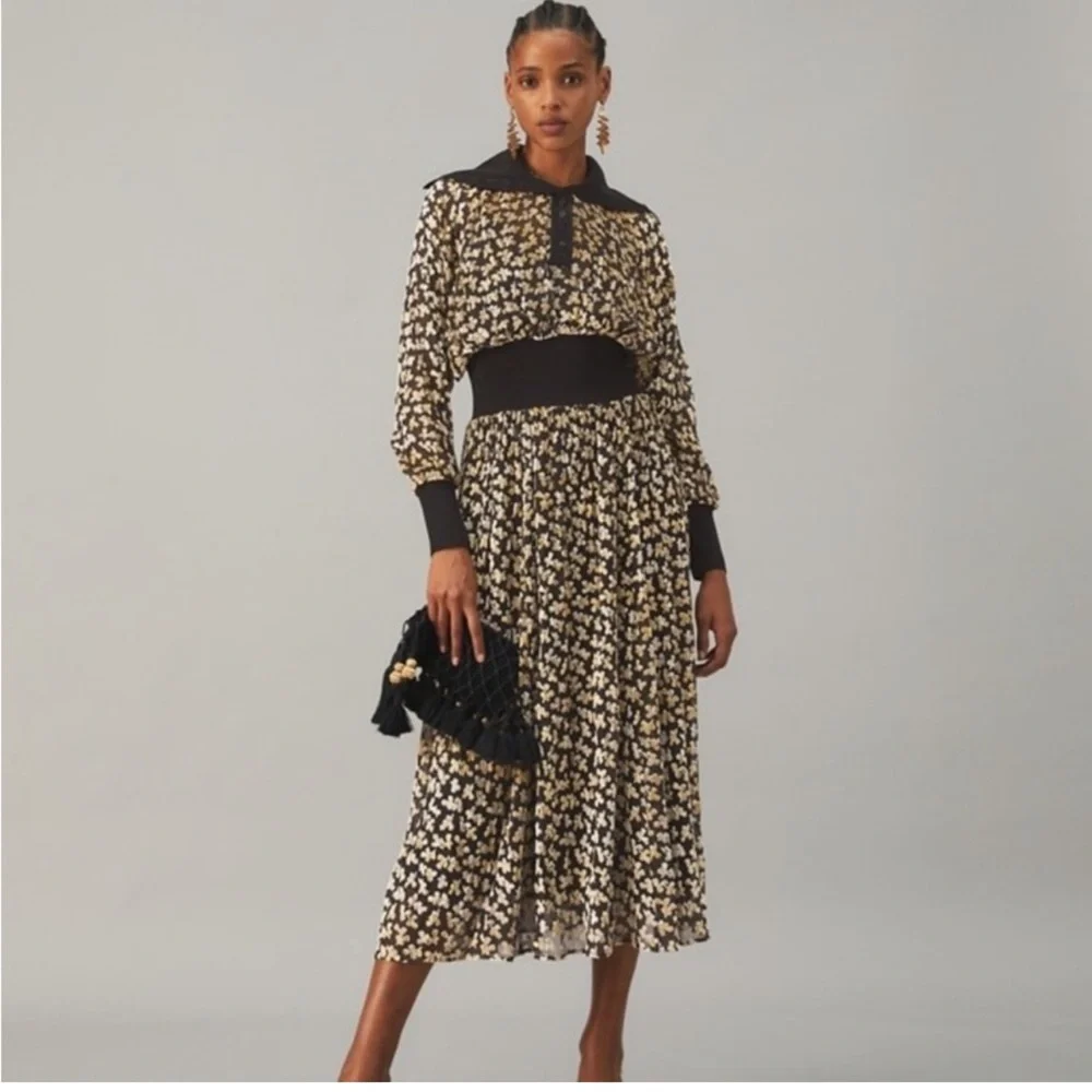 VOGUE MAGAZINE Tory Burch velvet devore midi dress black 12 gold leaves